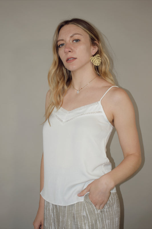 spaghetti strap satin cami full length straight fit with double lace trim along neckline