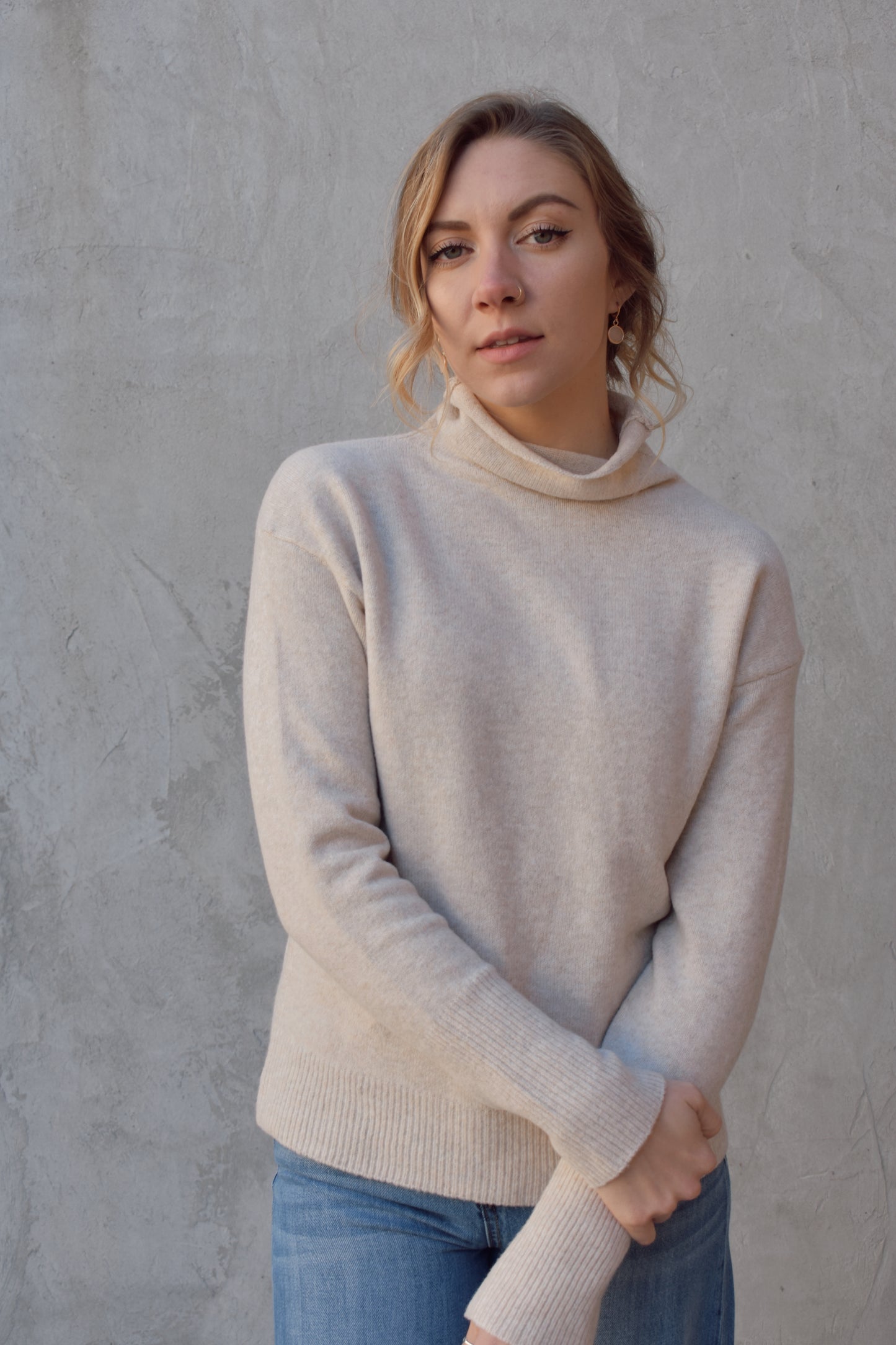 full length long sleeve turtleneck lightweight sweater, relaxed fit, drop shoulders, loose fabric around neck