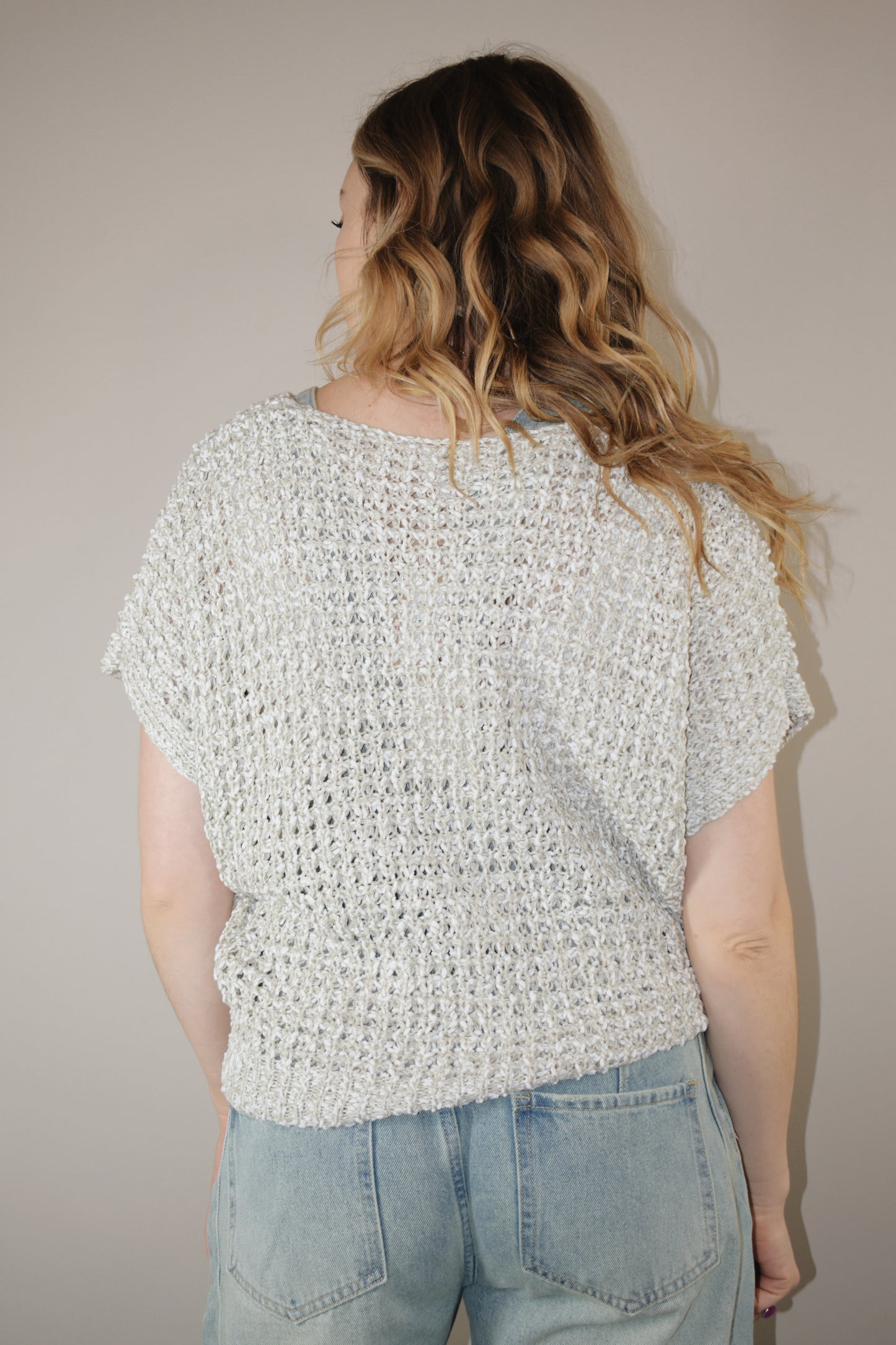 crochet summer short sleeve sweater full length boxy fit scoop/vneck neckline slight batwing 