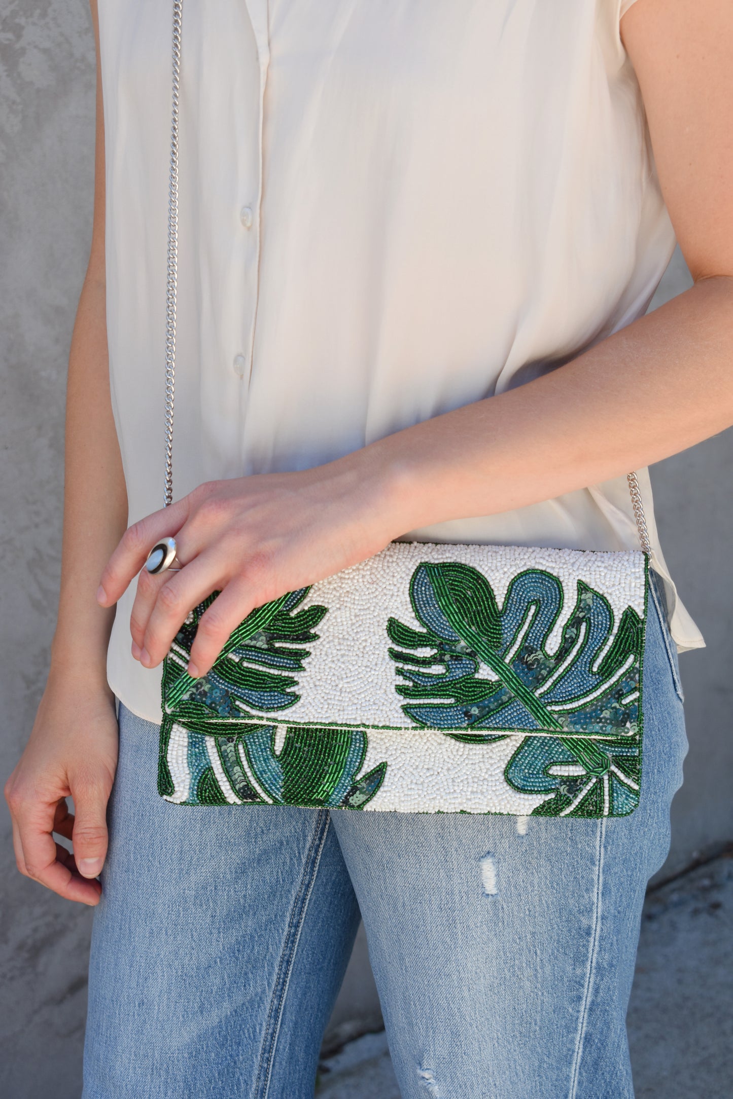 palm leaf beaded clutch