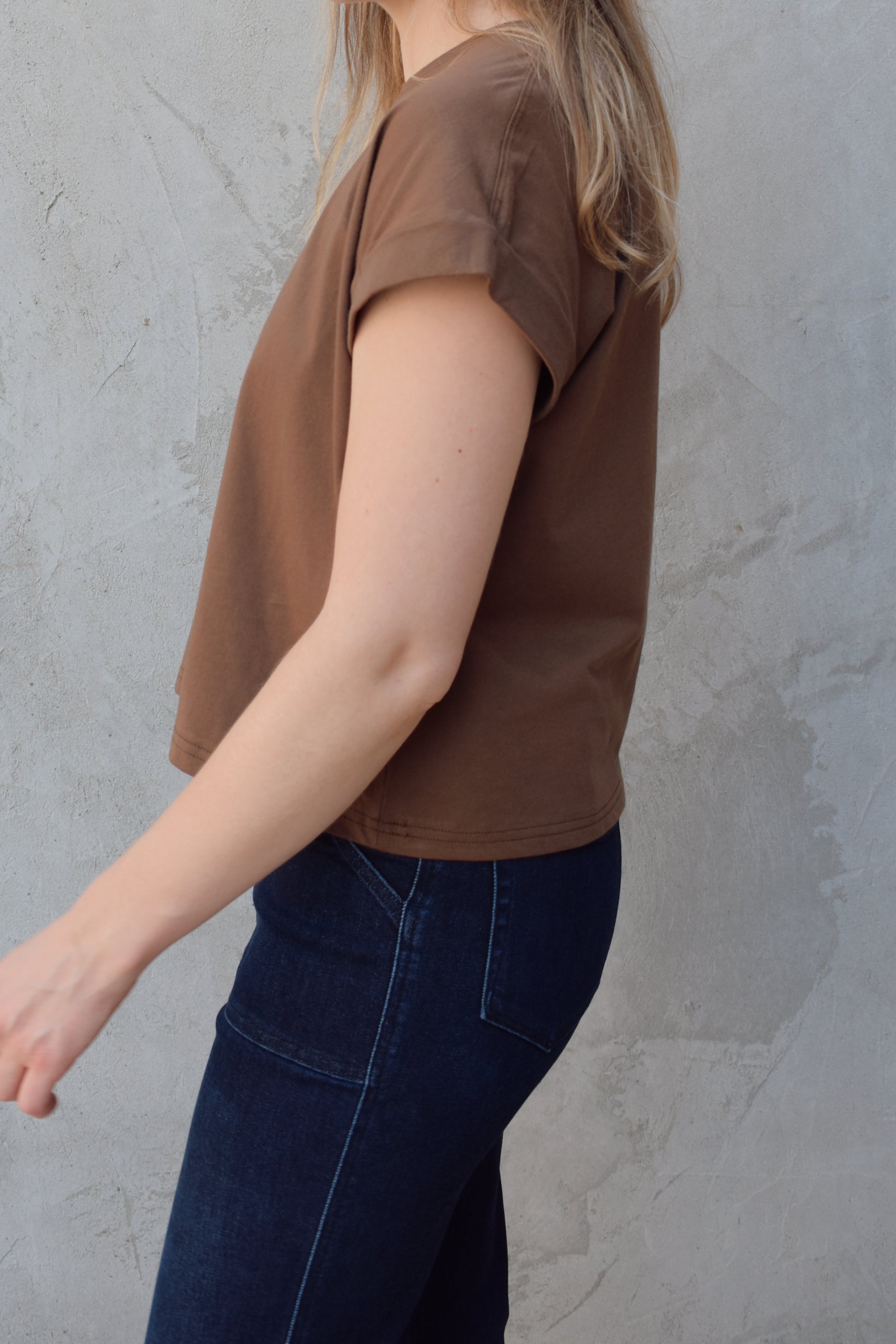 lightweight boxy style t-shirt crew neck with cuffed sleeves, hits at hips, staple basic 