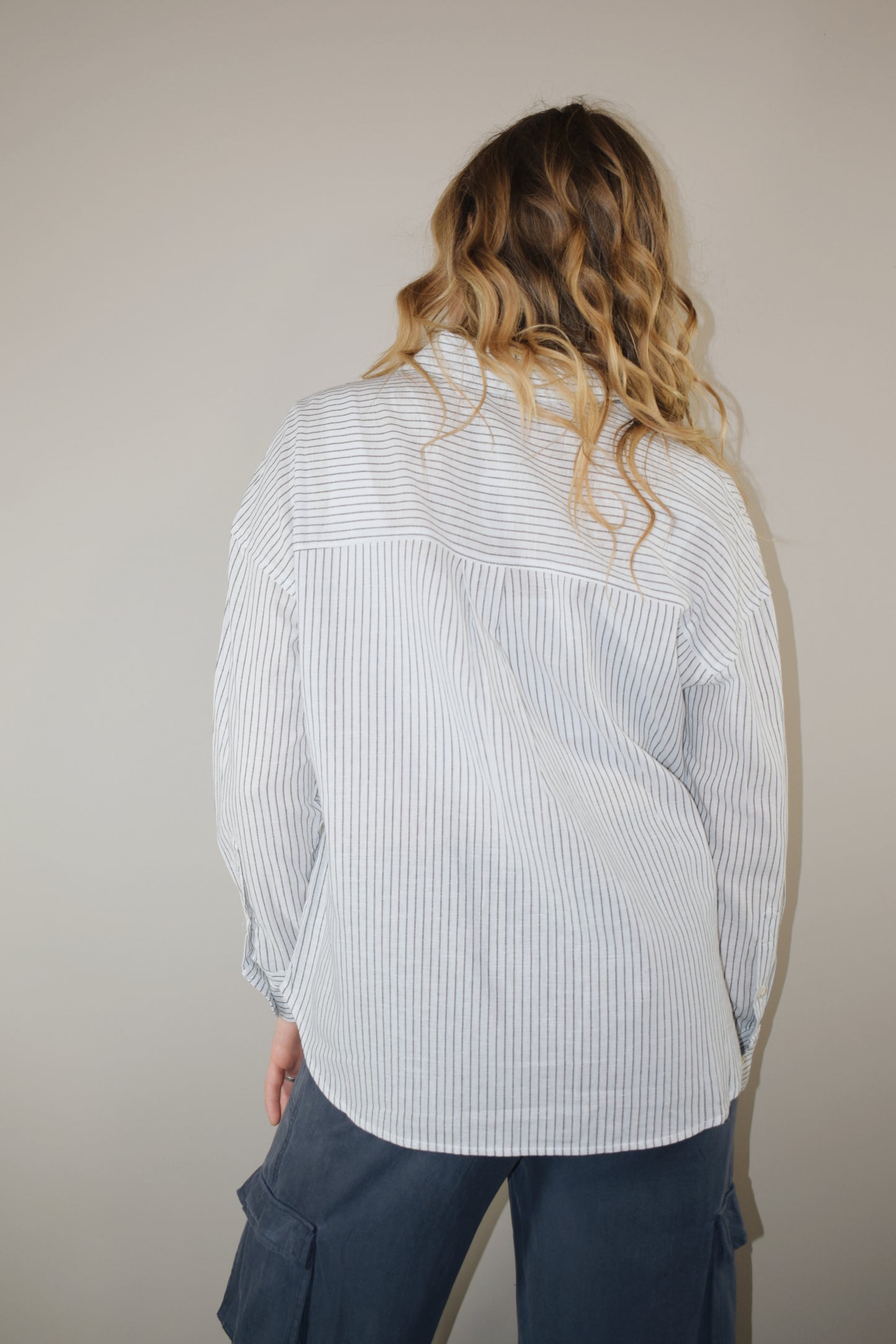 boyfriend style pinstripe long sleeve button down shirt full length relaxed fit drop shoulders