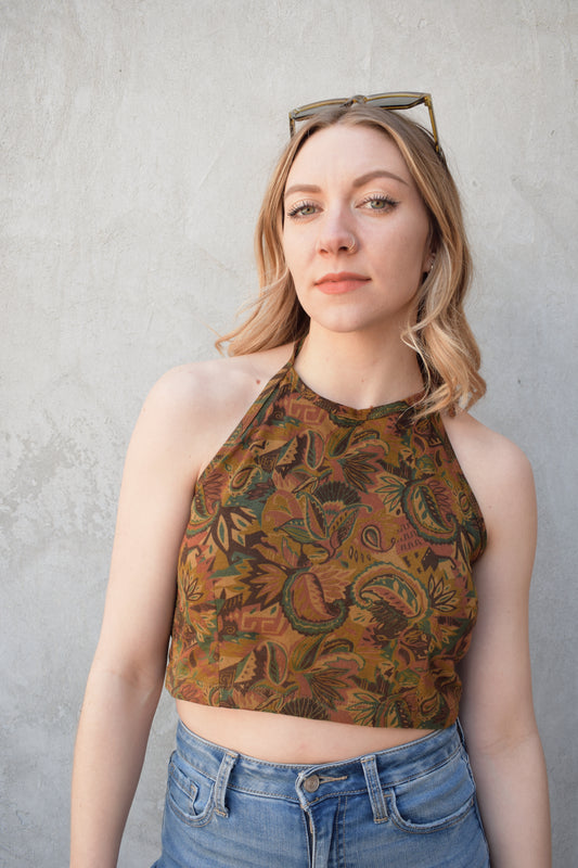 retro paisley halter tie tank top cropped with stretch rushing panel on back