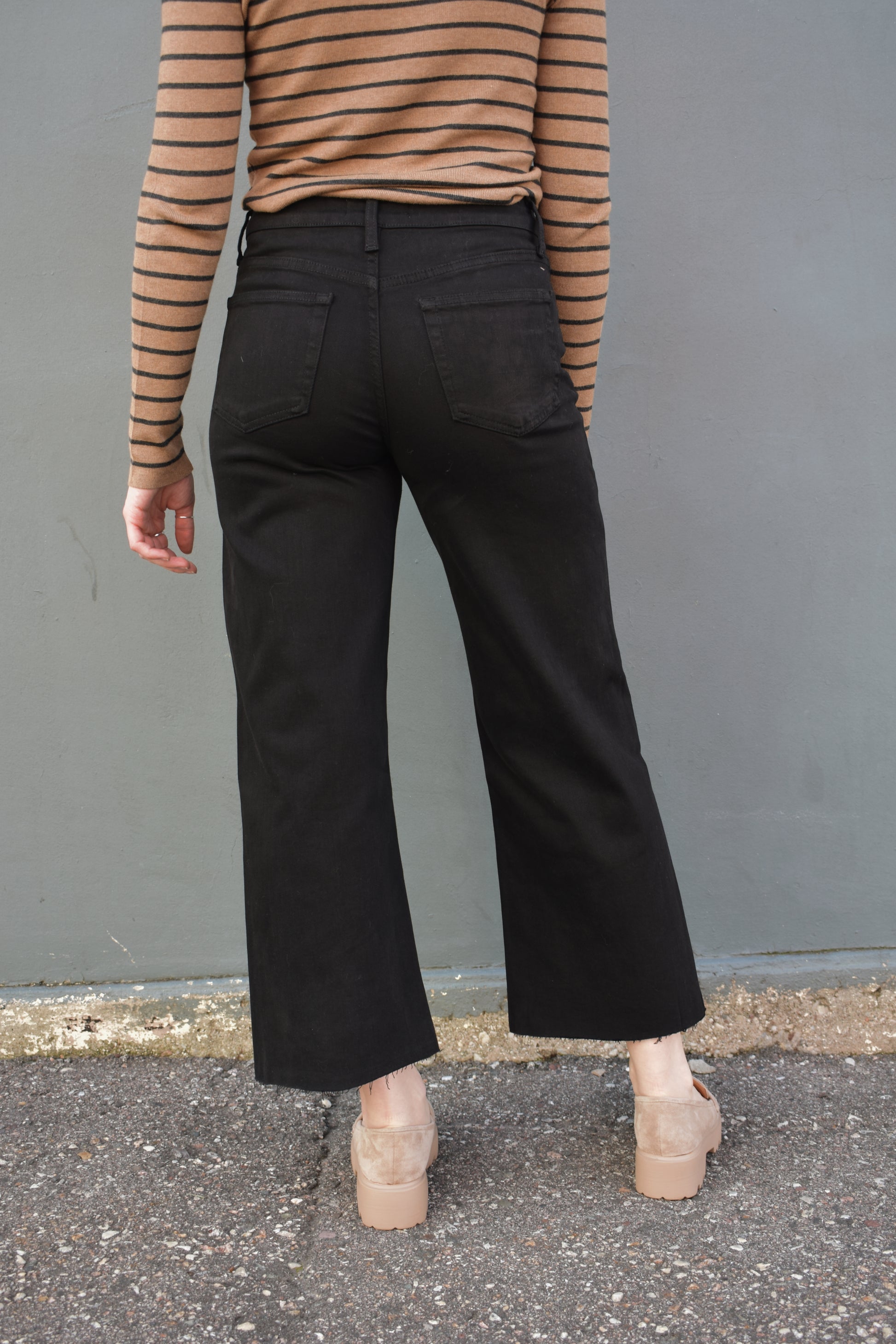 wide leg cropped black high rise stretch jeans no holes or distressing raw hem